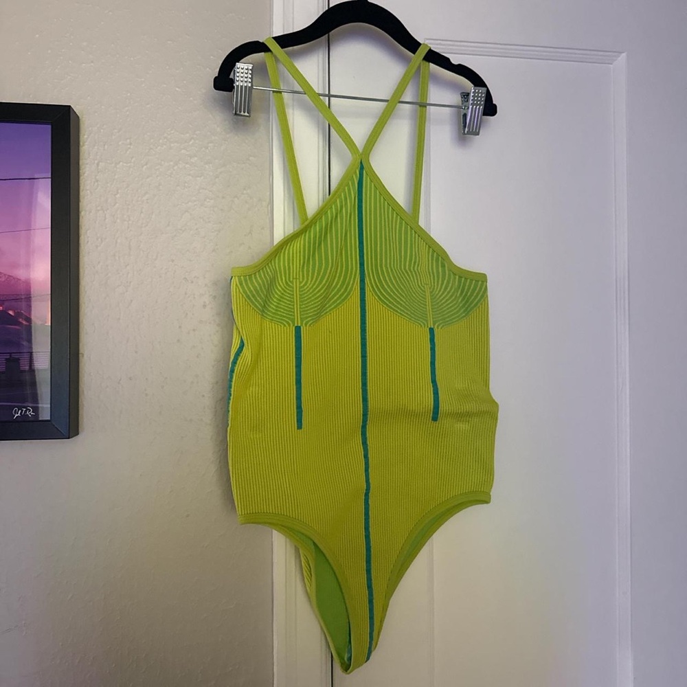 Zara Lime Green Ribbed One-Piece Bodysuit with Teal Trim